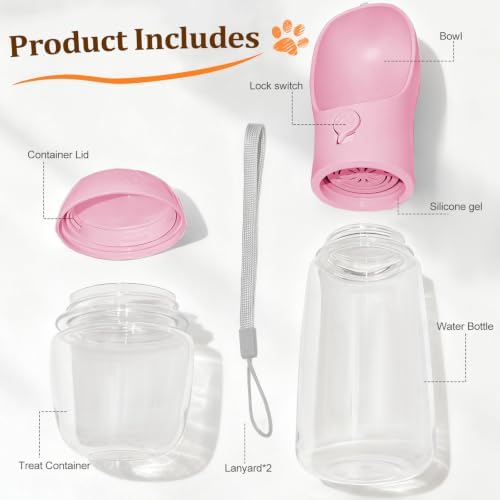 Portable Dog Water Bottle with Food Container, Pink, 19oz