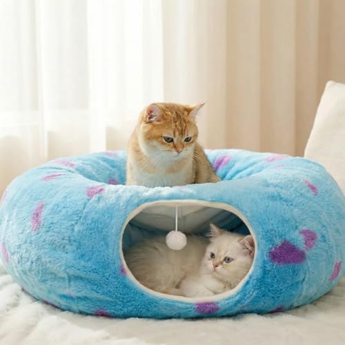 Cat Tunnel Bed for Indoor Cats, Cute Cat Tunnel Toy with Washable Cushion, Fits Cats up to 25 lbs, Peekaboo Cave Pet Bed for Kittens, Rabbits, Blue Purple Donut
