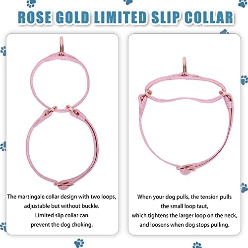 Soft Leather Martingale Dog Collar - Adjustable Rose Gold Limited Slip Collars [Easy to Clean], Stylish Durable Heavy Duty Nylon No Pull Training Collar for Small Medium Large Dogs M Pink
