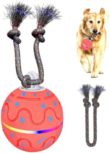 Interactive Dog Ball Toy with 2 Rope, Automatic Rolling & Bouncing Smart Dog Toy with Bird Chirping Sound and LED Light, Soft ETPU Chew-Safe Material, USB Rechargeable, for Medium & Large Dogs