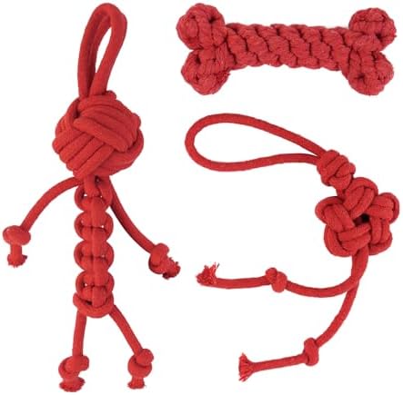 3 Pack Cotton Rope Dog Toy Set, Indestructible Chew Toys for Aggressive Chewers, Puppy Teething Toys with Bone, Human & Chinese Knot Designs for Boredom Relief & Tug of War， Red