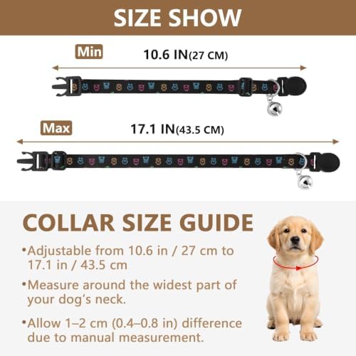 Neon Cute Faces Black Cat Collars 2 Pack Lightweight Small Dog Collar Adjustable Length 10.6" to 17.1"