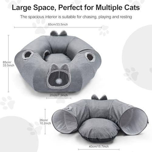 Linen Cat Tunnels with Central Cat Bed, Interactive Cat Toys Detachable Washable Soft Mat Large Indoor Play Tunnel Cave for Kittens and Small Animals