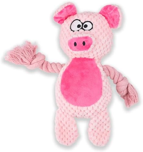 Squeaky Dog Toy Chew Plush Stuffed with Cotton Rope Crinkle Paper Soft Interactive Durable for Small Medium Large Dogs Puppy Pet Pink Pig