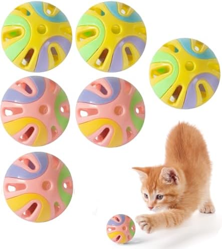 Colorful Cat Toy Balls with Bell 6PCS, Interactive Hollow Design, Plastic, Training Exercise Toy(2 in 1 2P)