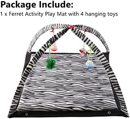 Ferret Play Mat Foldable Fleece Activity Center with Hanging Bell Balls Mice Toys Small Animal Cat Interactive Mat Tent Toy for Exercise Napping Easy Storage (Zebra)