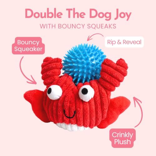 Crab Plush Dog Toy, 2-in-1 Rip & Reveal Interactive Dog Toy with Squeaky Spiky Ball Inside, Crinkle Wings, Soft Plush Chew Toy for Small Medium Large Dogs