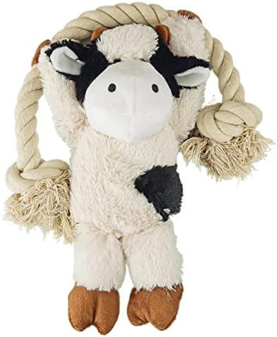 Native Pup Dog Toy Rope and Plush Stuffed Squeaker, Tug of War Toys for Dogs, Puppy Welcome Home Add on for Pets (Cow)