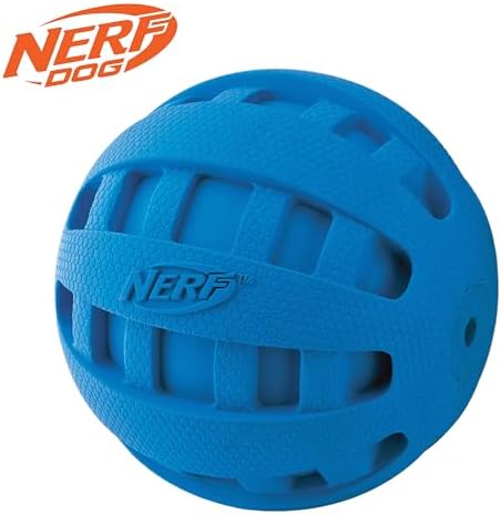 Nerf Dog Rubber Ball Dog Toy with Checkered Squeaker, Lightweight, Durable and Water Resistant, 4 Inch Diameter for Medium/Large Breeds, Single Unit, Blue