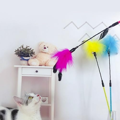 Cat Wand Toy 3 PCS Soft Turkey Feather Teaser Wands with Bell for Indoor