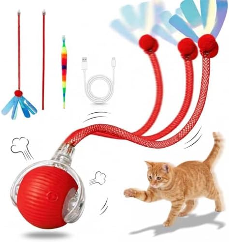 Interactive Cat Toys Ball，Automatic Interactive Cat Toy with 3 Modes, LED Light & 3 Replaceable Accessories, Indoor Cat Exercise Toy for Kittens & Adult Cats, Relieves Boredom Maple red