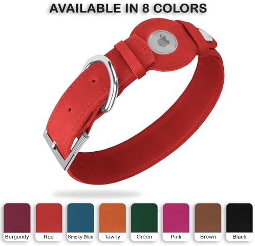 Leather Dog Collar with Airtag Holder - Apple Air Tag Dog Collars - Soft Tracking GPS Pet Collar for Small Medium Large Dogs Breed Puppy (Red, M, 12"-15" Neck Fit)