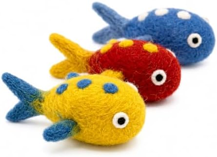 Glaciart One Felt Cat Fish Toy – 3 Pcs | Soft Fuzzy Enrichment 100% Natural Wool Toy - Interactive Play Catnip Cat Toys Set - Safe for Pets, Non-AZO Colored Dyes