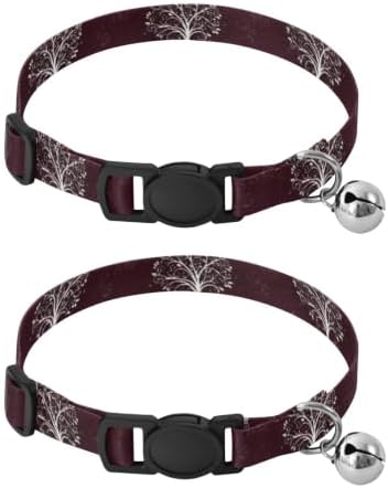 2 Pack Pet Collars White Tree Branches Maroon Small Dog Collar with Bell, Adjustable 10.6 to 17.1 Inches