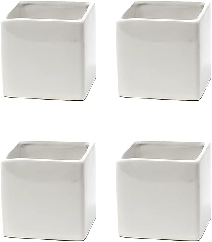 Serene Spaces Living Set of 4 Glossy White Ceramic Square Vase, Succulent Planter, Ceramic Cube Vase for Flowers, Decorative Centerpiece for Home, Office, Wedding,Measures 3" Diameter & 3" Tall