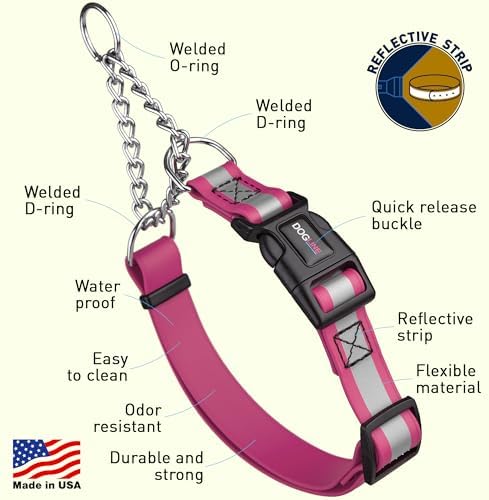 Dogline Reflective Martingale Collar for Dogs with Quick Release Buckle – Biothane Dog Collar with Herm Sprenger Assembly Chain – Waterproof No Pull Dog Collar, L 20”-26”, Passionfruit Pink