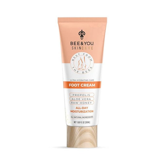 BEE and YOU 100% Natural, Foot Cream Moisturizer for Dry Cracked Feet, Propolis Extract, Aloe Vera, Raw Honey, Shea Butter, Coconut Oil, Vitamin B5, Zinc, 1.69 fl oz