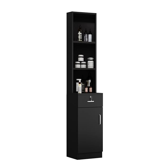 Paddie Hair Salon Stations, Lockable Barber Stations Wall Mount Salon Equipment for Hair Stylist with 1 Lockable Drawer & 1 Storage Cabinet (No Holders, Black)