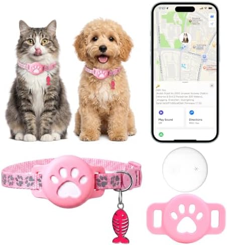 GPS Pet Tracker Collar, Mini Smart Real Time Tracking Tag for Cats Dogs, No Monthly Fee or SIM Breakaway Collars, IP68 Waterproof Detachable Finder 365-Day Battery Compatible with Apple iOS & Android