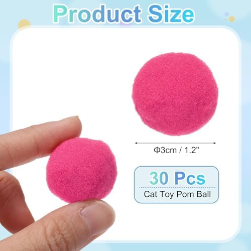 Cat Toy Pom Ball, Interactive Cat Ball Toys Fuzzy Pompoms (Plush, 1.2Inch, 30Pcs, Rose Red) for Kittens Pet Enrichment Training Play Indoor