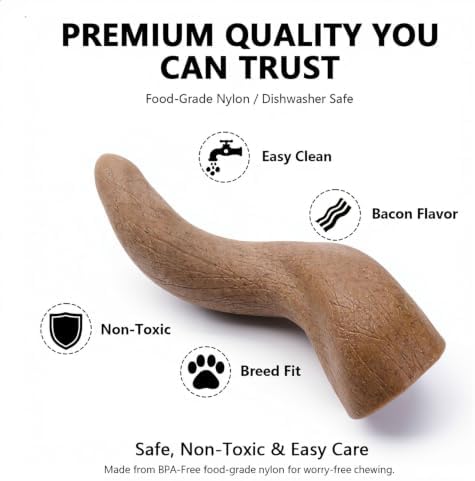 MECOOL Durable Nylon Dog Chew Toy – Bacon Flavored Bull Horn Shape with 6-Point Star Hollow Core for Treat Stuffing, Tough Interactive Teething Toy for Aggressive Chewers, Medium Large Dogs