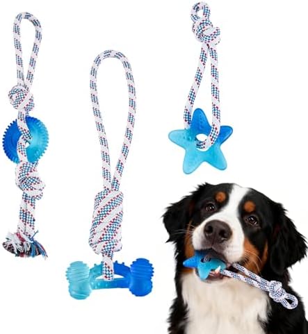 3 Pack Dog Chew Toys for Aggressive Chewers, Multiple Textures & Rope, ndestructible Tough Durable Interactive Dog Toys, Puppy Chew Toys for Teething， Blue Star&Bone&Small Circle
