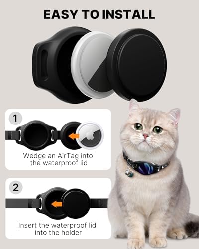 typecase Reflective Breakaway Cat Collar with AirTag Holder, Black/Blue | Black Reflective Breakaway Cat Collar With Bell And Silicone AirTag Holder; Adjustable 8-12 In; AirTag Not Included