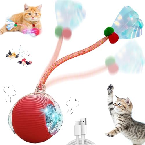 Speedy 2.0 Tail Interactive Cat Toys for Indoor Cats, Automatic Cat Toy with Elastic Mesh Tail, Electric Rolling Ball on Carpet, Chirping and Motion Activate Cat (Red)
