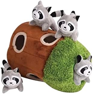 Glow Pups Hide and Seek Dog Toy, Interactive Plush Raccoon in Tree Burrow, Squeaky Woodland Style Dog Toys for Small Dogs, Mental Stimulation, Medium Size Tree with 4 Raccoon