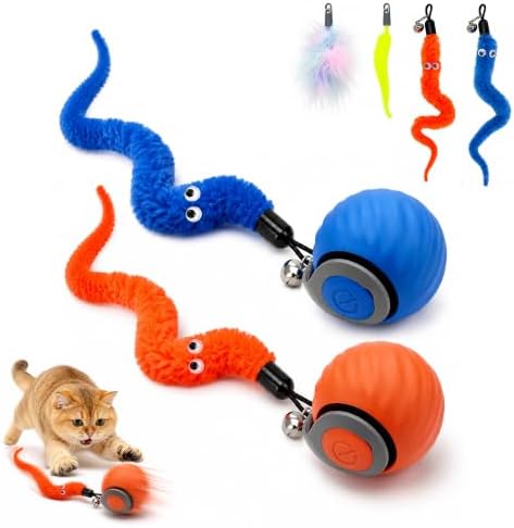 Rolling Cat Toy, 2-Speed Interactive Ball with Sound & 3 Replaceable Tails for Indoor Cats (Blue&Orange)