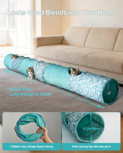 Cat Tunnel, 3 Straight Shaped Tunnels 6 DIY Shapes with Wand Toys, No Noise Scratch Resistant Cool Linen Fabric, Interactive Pet Tunnel Tube for Indoor Cats, Puppy and Rabbits