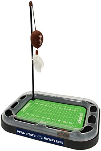Pets First NCAA PENN STATE NITTANY LIONS FOOTBALL FIELD CAT SCRATCHER TOY with CATNIP Filled Plush FOOTBALL Toy&Feather Cat Toy hanging with Jingle Bell INTERACTIVE BALL Cat Chasing 6-in-1 KITTY Toy
