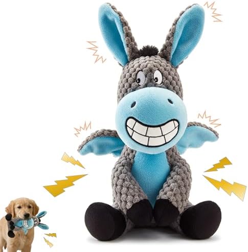 Donkey Squeaky Interactive Dog Toy -7.4''X9.8'' Plush Stuffed Chew Dog Toy with Crinkle Paper for Small Dogs and Puppies，Dog Birthing Teething Toy（Blue）