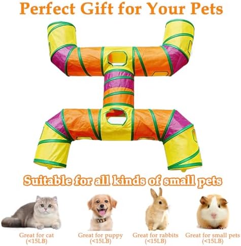 4-Way Large Cat Tunnel, H Shape Cat Tube Toy with Interactive Playing Balls, Peek Hole for Indoor Cats, Kitten, Kitty, Puppy, Rabbit (Multicolor)