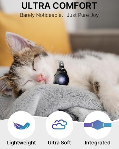 Cat Tracker Collar with Finder Tag - Waterproof Airtag Cat Collar, Black | Breakaway Tractive with Reflective Pattern & Bell, 8-12", Compatible with Apple Find My (iOS ONLY Not for Android Devices)