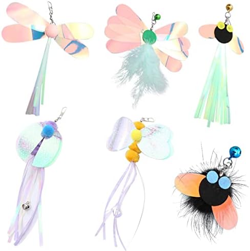 Cat Insect Feather Toys Replacement Cat Toy Wand Refills, 6 Pieces Natural Insect Cat Toy Feathers Refill, Interactive Cat Teaser Wand Attachments, with Bell