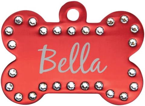Signature Custom Laser Engraved Anodized Aluminum Pet ID Tags (Red, Swarovski Crystal Bone 1 1/2" x 1")