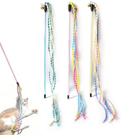 Cat Wands for Indoor, 3 PCS Vibrant Teasing Stick with Bell Interactive Cat Toys Cute Kitten Wand Safe Kitty Toy