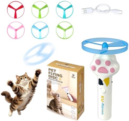 Rechargeable Cat Flying Disc Launcher, Interactive Hunting Fetch Toy with 6 Soft Flexible Flying Spinners, Electric Pet Play Toy, Indoor Outdoor Yard Interactive Exercise Toys for Cats(White)