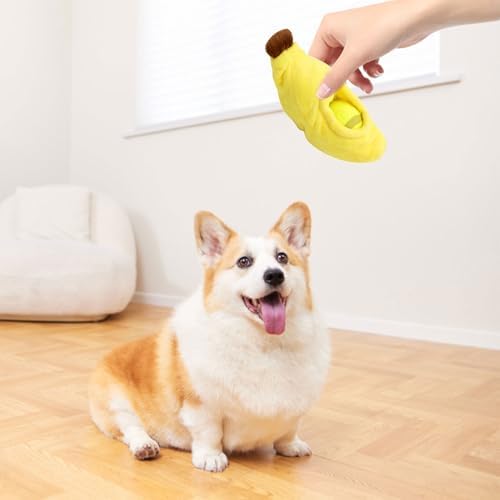 Andiker Dog Squeaky Toy with Plush Crinkle Fabric and Puppy Tennis Balls Inside, Cute Fruit Shapes Creative Dogs Chew Toy Interactive Dog Toys for Indoor Dogs Chasing Chewing Entertaining (Banana)