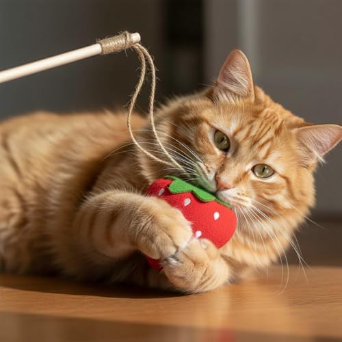 LUOZZY Interactive Strawberry Cat Wand Toy Catnip Plush Teaser Stick