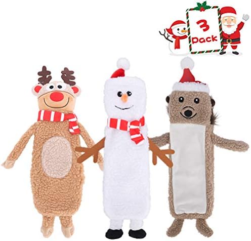 SCENEREAL Stuffless Christmas Squeaky Dog Toys for Small Medium Large Dogs, Plush Tough Pet Chew Toy, Durable No Stuffed Puppy Teething Toys for Boredom and Stimulating (Elk & Hedgehog & Snowman)