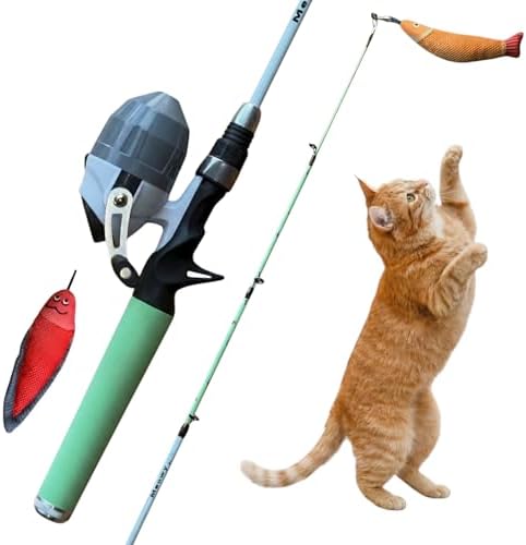 Meowy Cat Wand Toy – Cat Fishing Pole Toy with Reel The Cat Fish Fishing Rod, Telescopic Fiberglass Interactive Teaser Wand for Indoor Cats with Catnip Dental Mesh Attachments