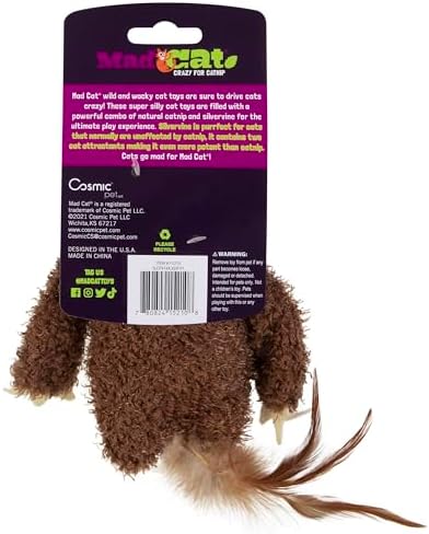 Mad Cat Sloth Kicker Crinkle Cat Toy with Catnip and Silvervine, in Brown