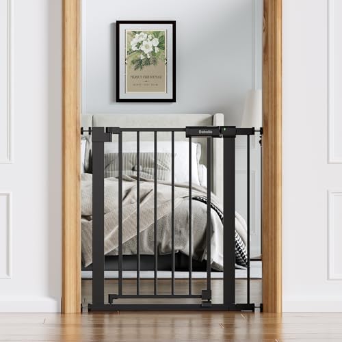 Babelio 26-31 in Baby Gate for Stairs, PressGuard Pet Gate with Wide Door | Pressure/Wall Mount, Dual Lock with Indicator, Auto Close, Heavy Duty, Easy Install for Doorways, Kitchens, Hallway, Black