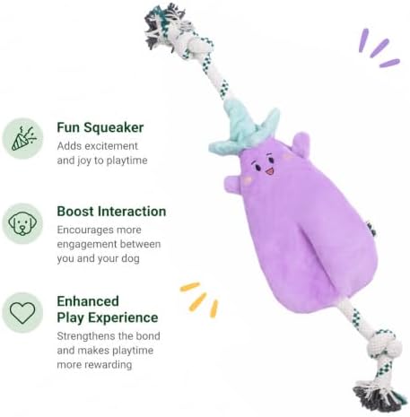 Green Sheep Interactive Plush Dog Toy, No Stuffing Squeaky Toy with Recycled Cotton Rope for Medium to Large Dogs, Chew Toy, Aubergine
