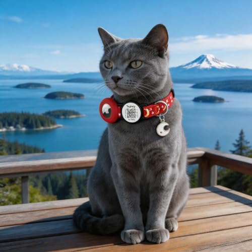 Stars and Moon AirTag Cat Collar with AirTag Holder,Air Tag Cat Collar for Apple. Solid & Safe, Pet Collar, Breakaway Cat Collar, Scan QR for Instant Location Alerts.NO APP(red)