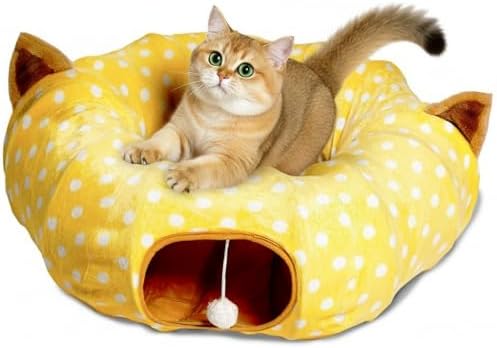 AUOON Cat Donut Tunnel with Bed for Kitten Puppy Rabbit Ferret, Yellow