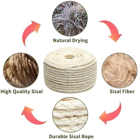 White Sisal Rope 1/6 Inch by 164-Feet for Cat Scratching Post Tree Tower Replacement Repair and Replace, DIY Hemp Twine Rope for Kittens Shelves Furniture Window Bed Perch House Climbing, 4mm by 50m