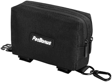 PetBonus Dog Poop Bag Holder, Portable Pet Waste Bag Dispenser, 2 Pouches for Treats and Walking Accessories, Fit All Leashes, Includes 1 Roll of Dog Poop Bags (Black)